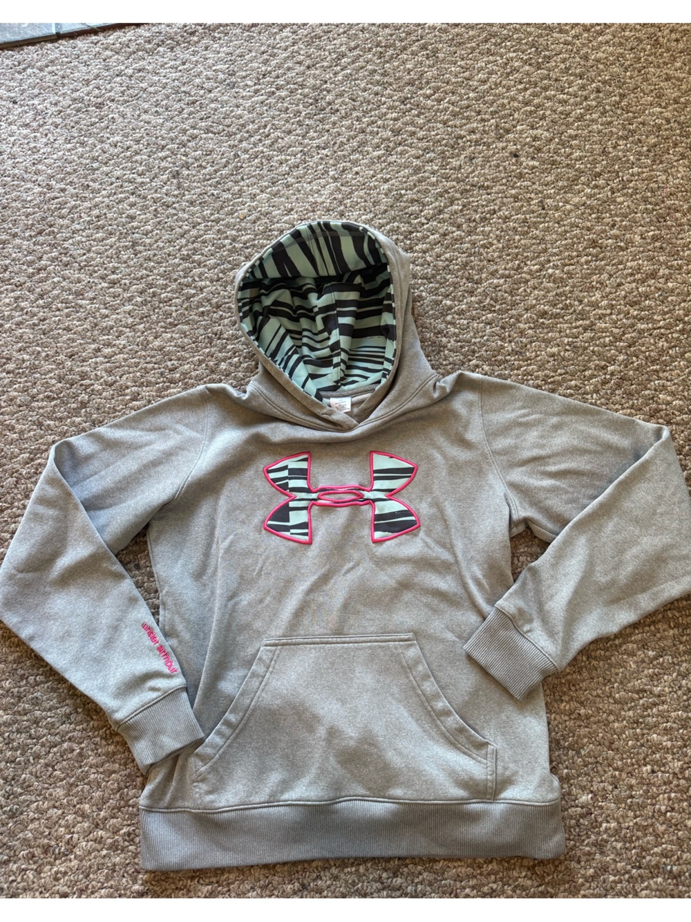 Under Armour Gray Hoodie with Pink-Trim Logo and Striped Hood